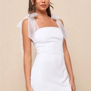 Lulu’s Beaming Perfect White Mini Dress with Pearl Bow Straps